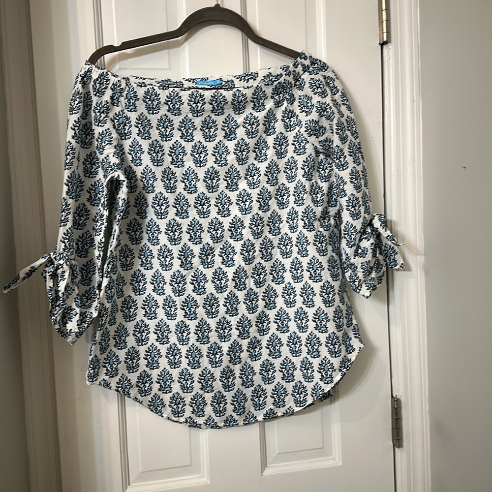 J. McLaughlin Natasha off shoulder Navy and White Blouse silk cotton blend - Picture 5 of 8